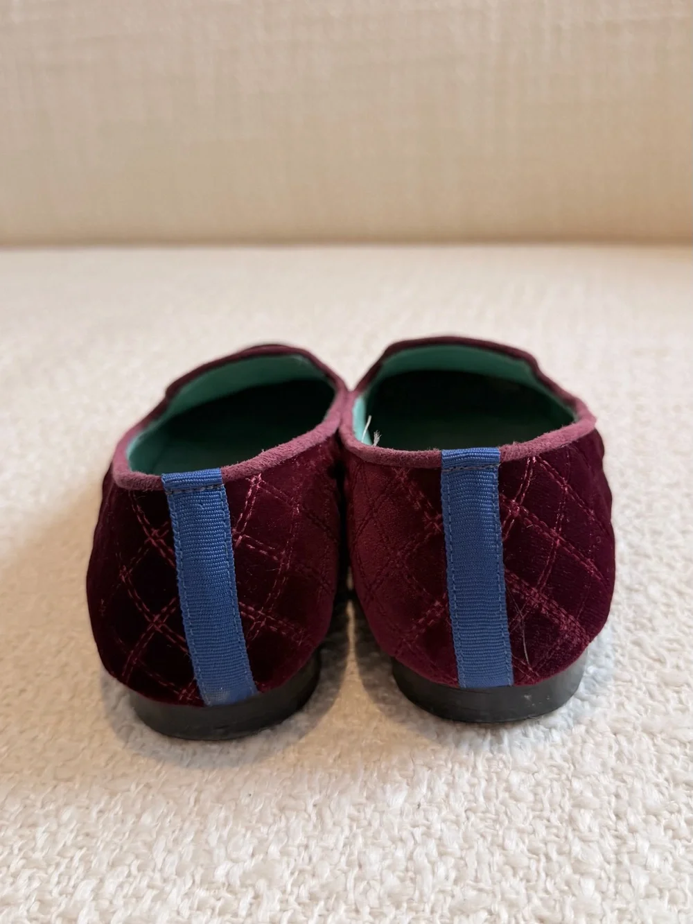 Authentic Blue Bird Burgundy Velvet Quilted Loafers – Size 37